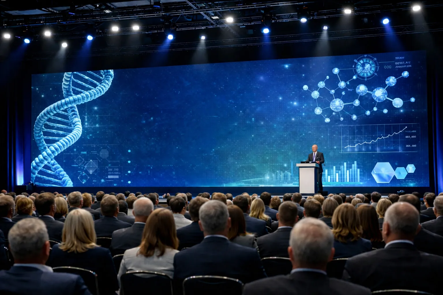 Wide view of a packed main auditorium during a keynote session